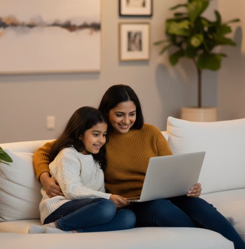 A cozy picture of a mother and her daughter sitting close on a couch and happily looking at the laptop
