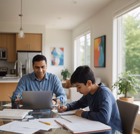 An image of a father and son sitting at the table with papers, books, and stationary scattered. The father is working on his laptop while the son is writing something in his book